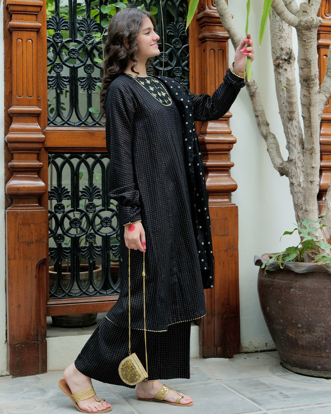 Cotton Dobby Jacquard Black & Gold Stitched Suit - Senorita