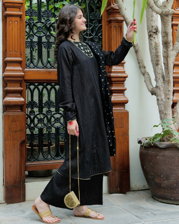 Cotton Dobby Jacquard Black & Gold Stitched Suit - Senorita