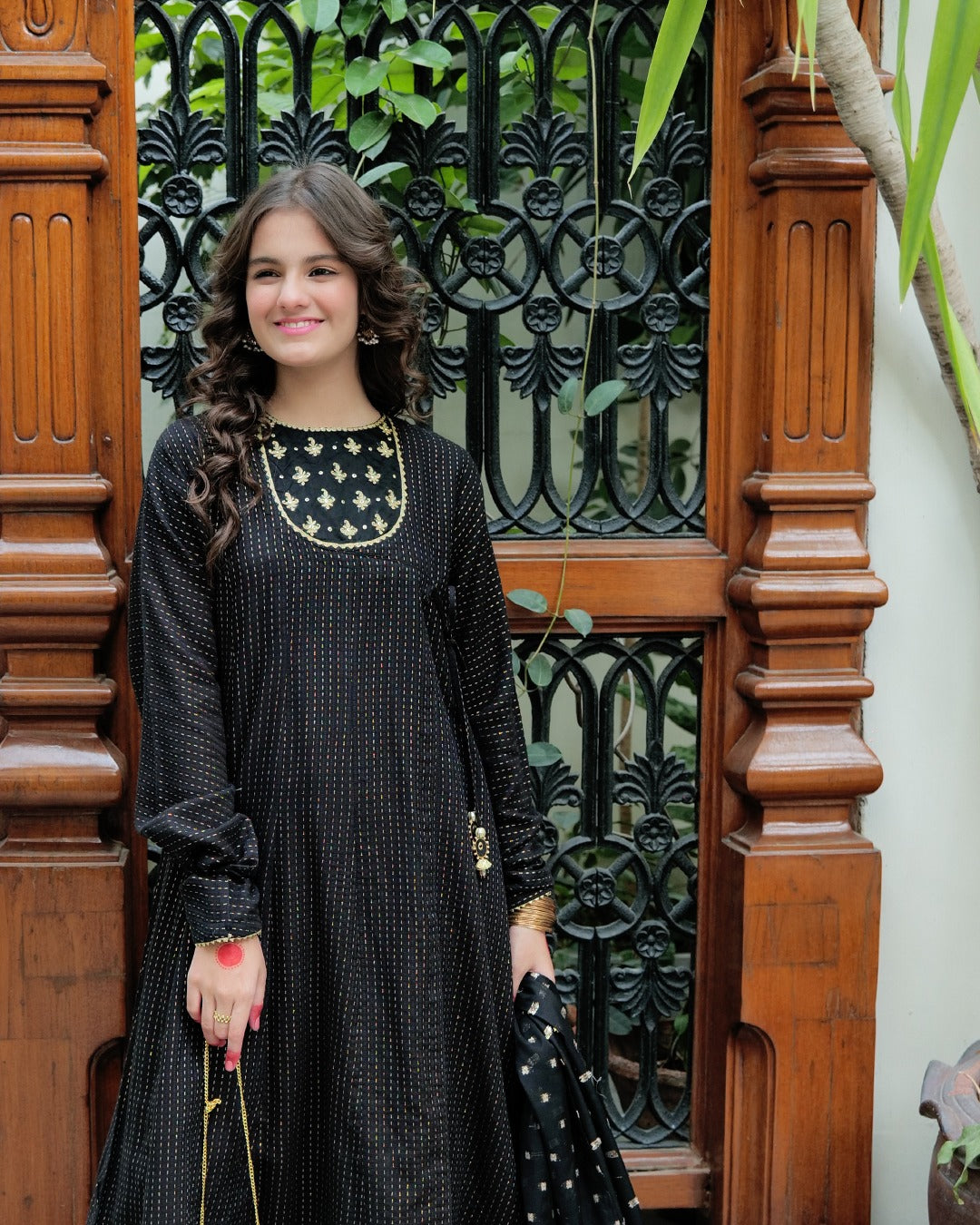 Cotton Dobby Jacquard Black & Gold Stitched Suit - Senorita