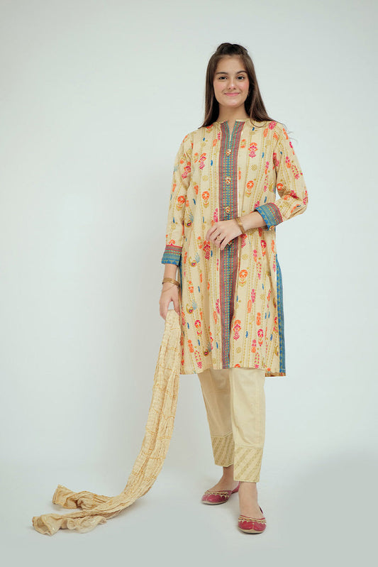 Cotton Gold Print Lawn Fawn Stitched Suit - Senorita