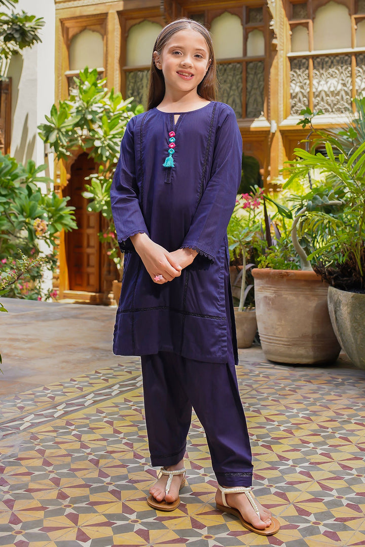 Dobby Cotton Embellished Navy Blue Stitched Suit - Ochre