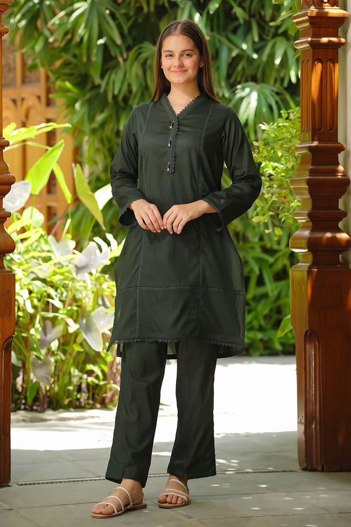 Dobby Cotton Embellished Black Stitched Suit - Ochre