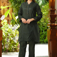 Dobby Cotton Embellished Black Stitched Suit - Ochre