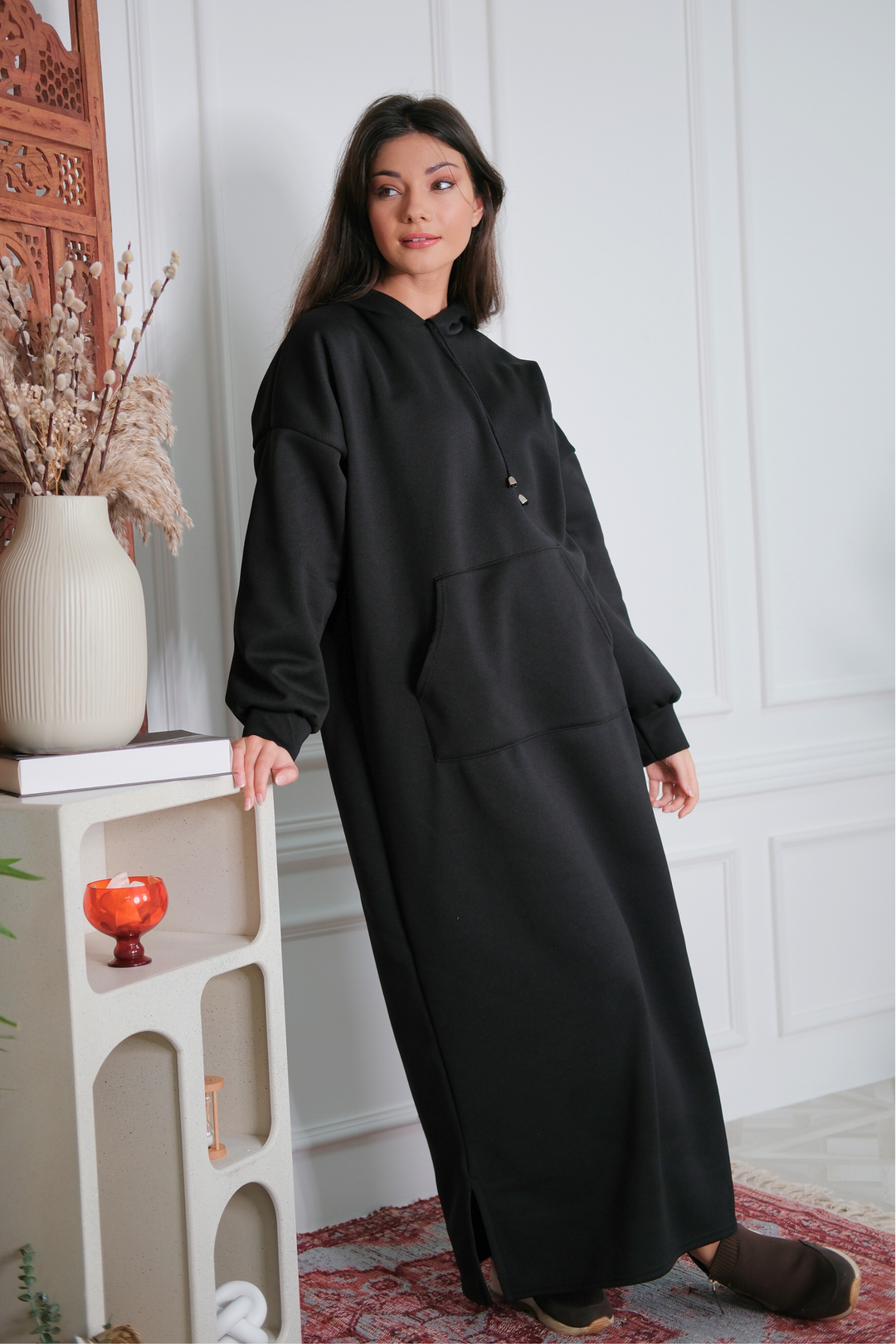 ankle length hoodie dress Tumotour Knitted Hoodie Dress For Women Fall Pullover Dress Solid Color Crew Neck Long Sleeve Full Length Sweatshirt Dress With Pockets, Women's, Size