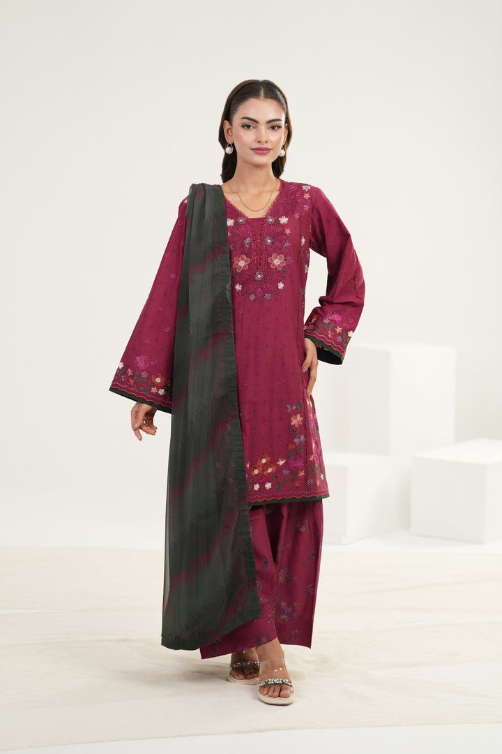 Embroidered Lawn Magenta Stitched Suit - Iznik
