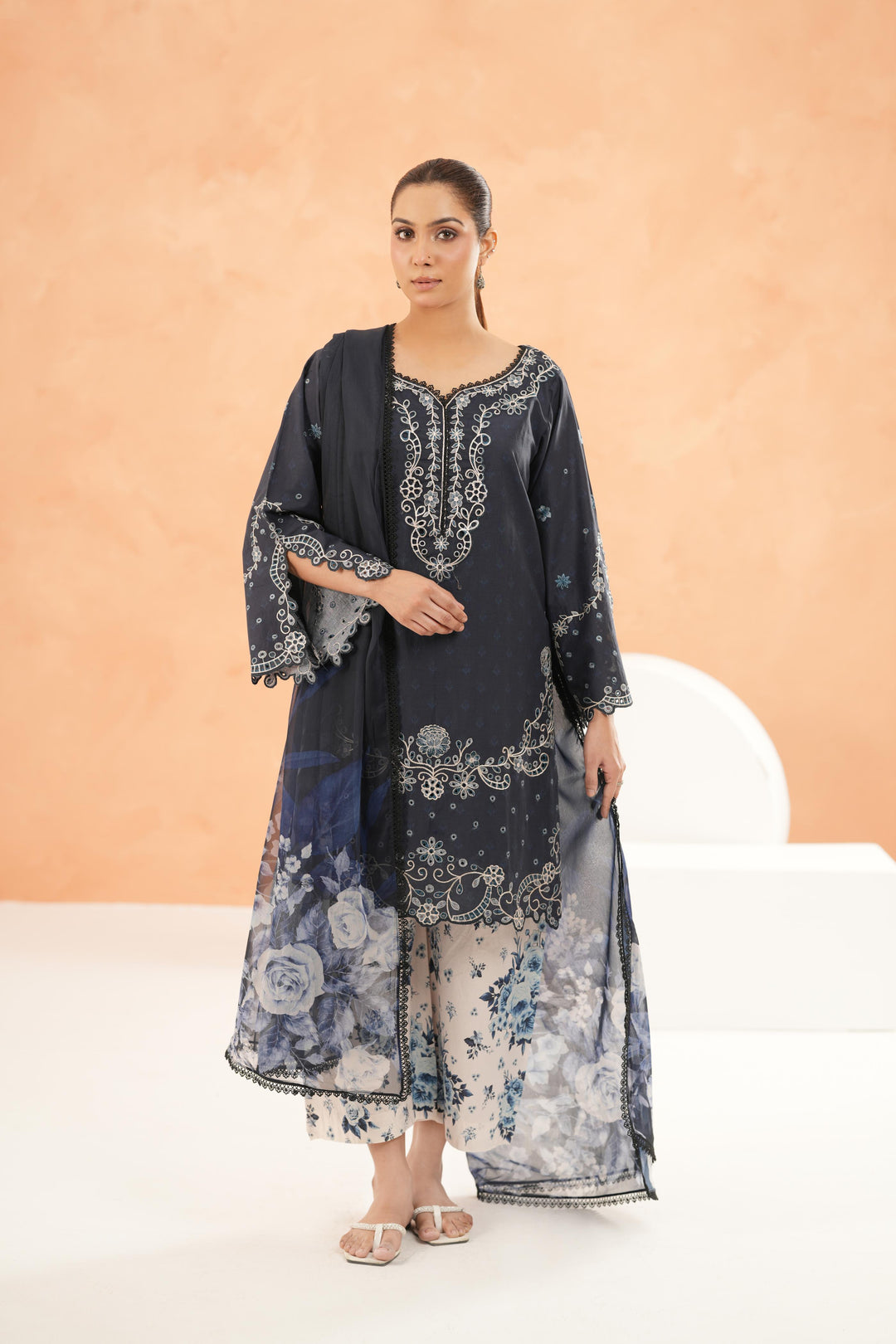 Embroidered Lawn Navy Blue Stitched Suit - Iznik