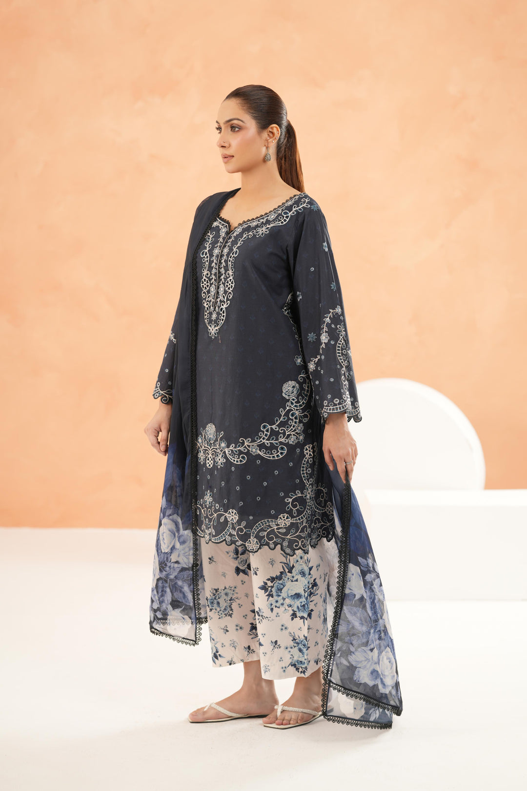 Embroidered Lawn Navy Blue Stitched Suit - Iznik