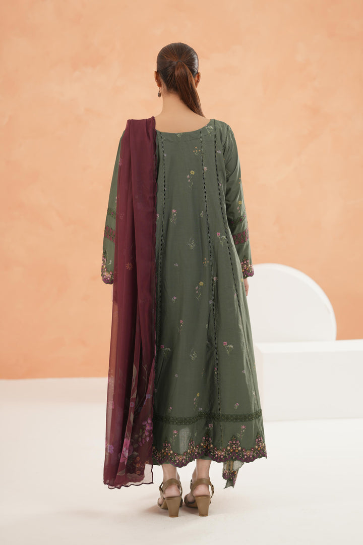 Embroidered Lawn Bottle Green Stitched Suit - Iznik