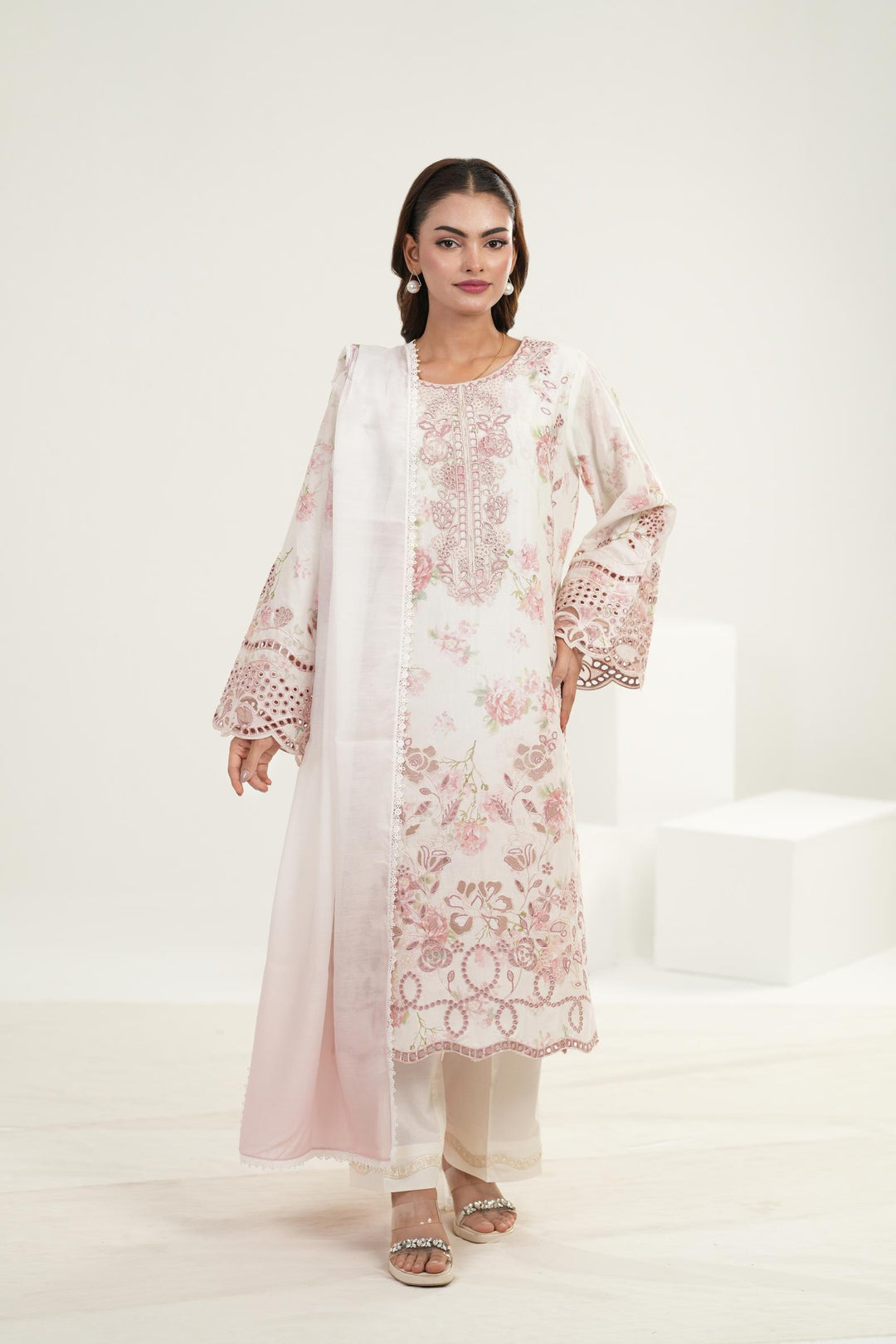 Embroidered Laser Lawn Pearl White Stitched Suit - Iznik