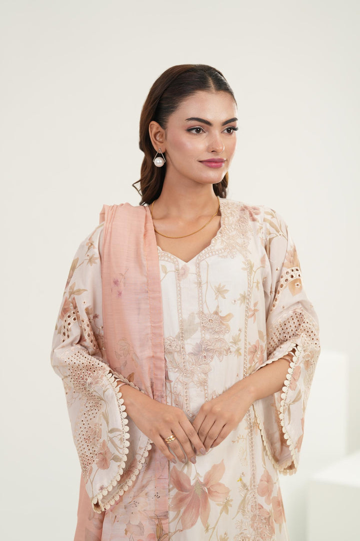 Embroidered Lawn Dusty Peach Stitched Suit - Iznik