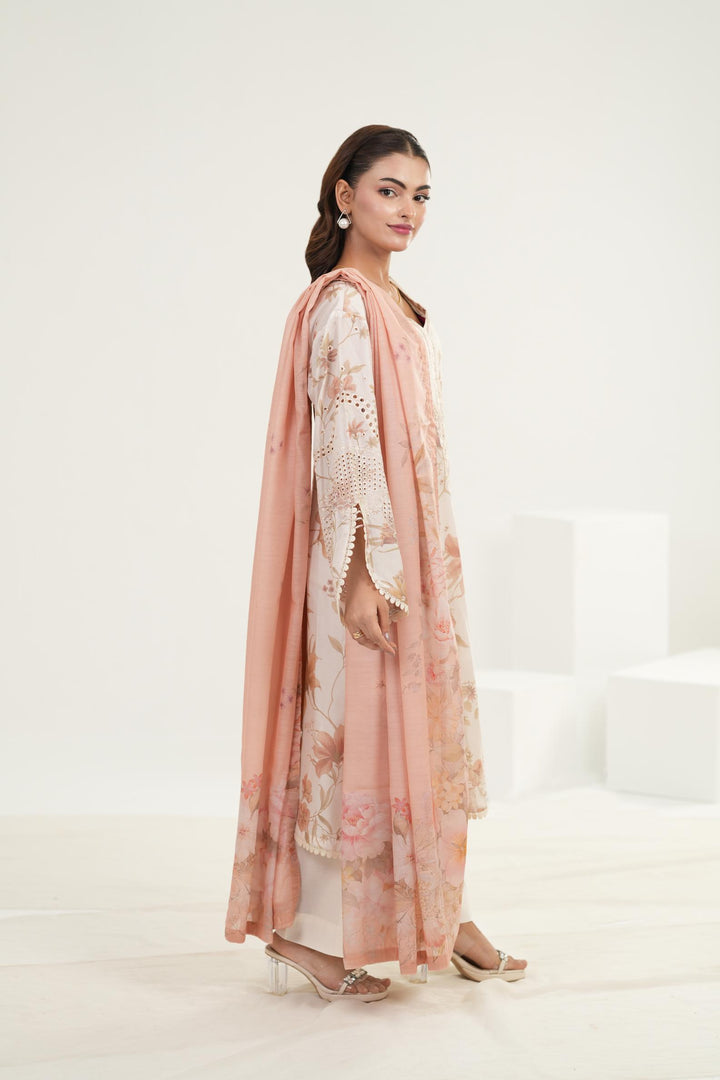Embroidered Lawn Dusty Peach Stitched Suit - Iznik