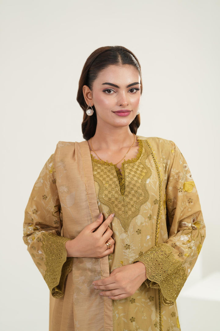 Embroidered Lawn Mustard Stitched Suit - Iznik