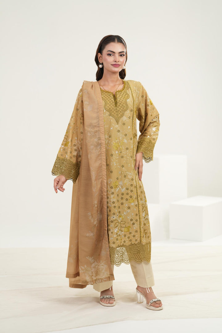 Embroidered Lawn Mustard Stitched Suit - Iznik