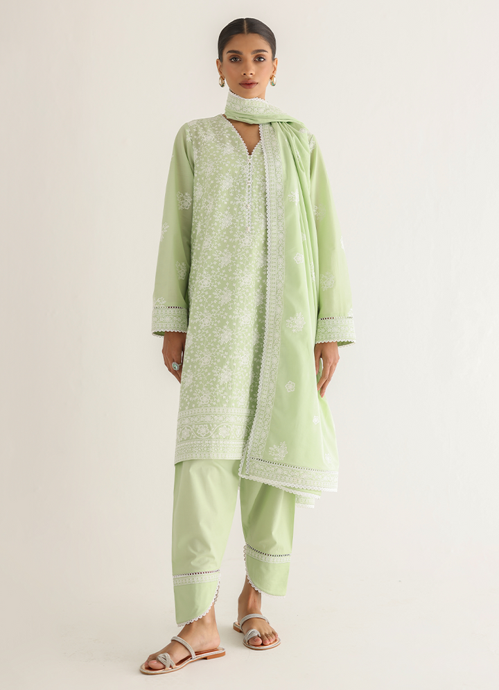 Pure Cotton Apple Green Stitched Suit - Image