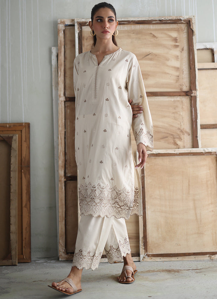 Cotton Satin Beige Stitched Suit - Image