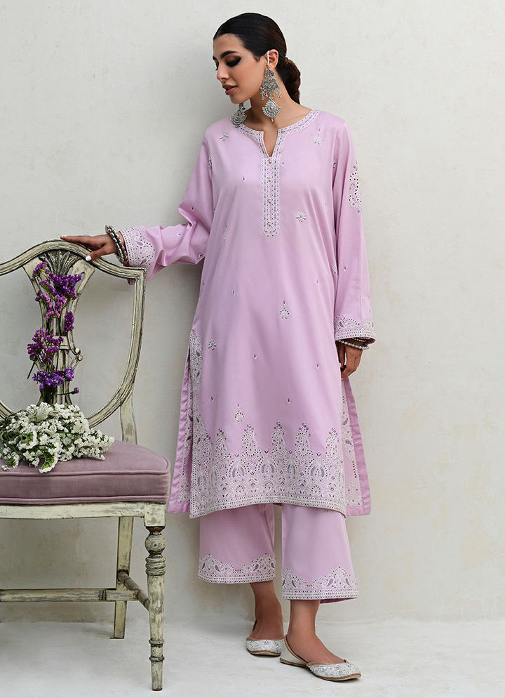 Cotton Satin Lilac Stitched Suit - Image