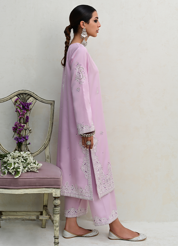 Cotton Satin Lilac Stitched Suit - Image