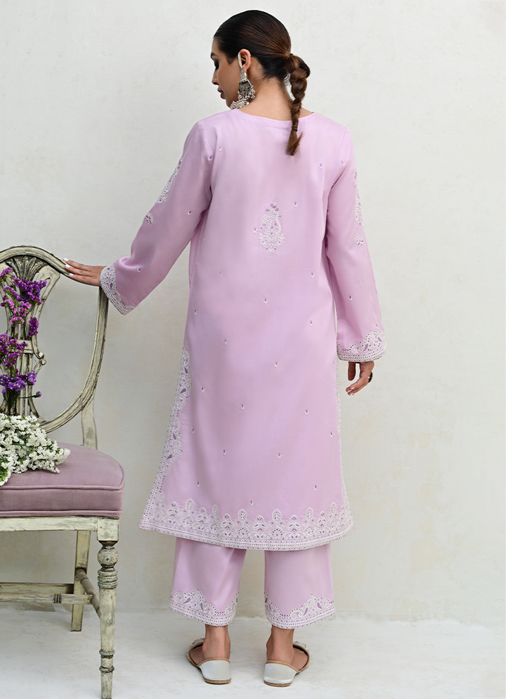 Cotton Satin Lilac Stitched Suit - Image