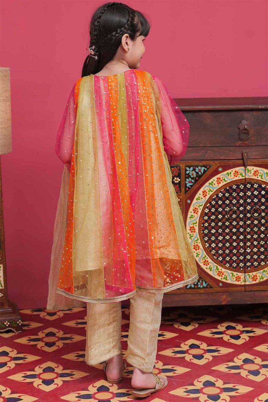 Banarsi Net Multi Stitched Suit - Ochre