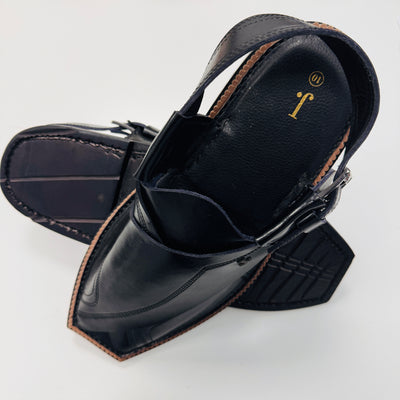 Plain Black Peshawari Chappal - J. Junaid Jamshed