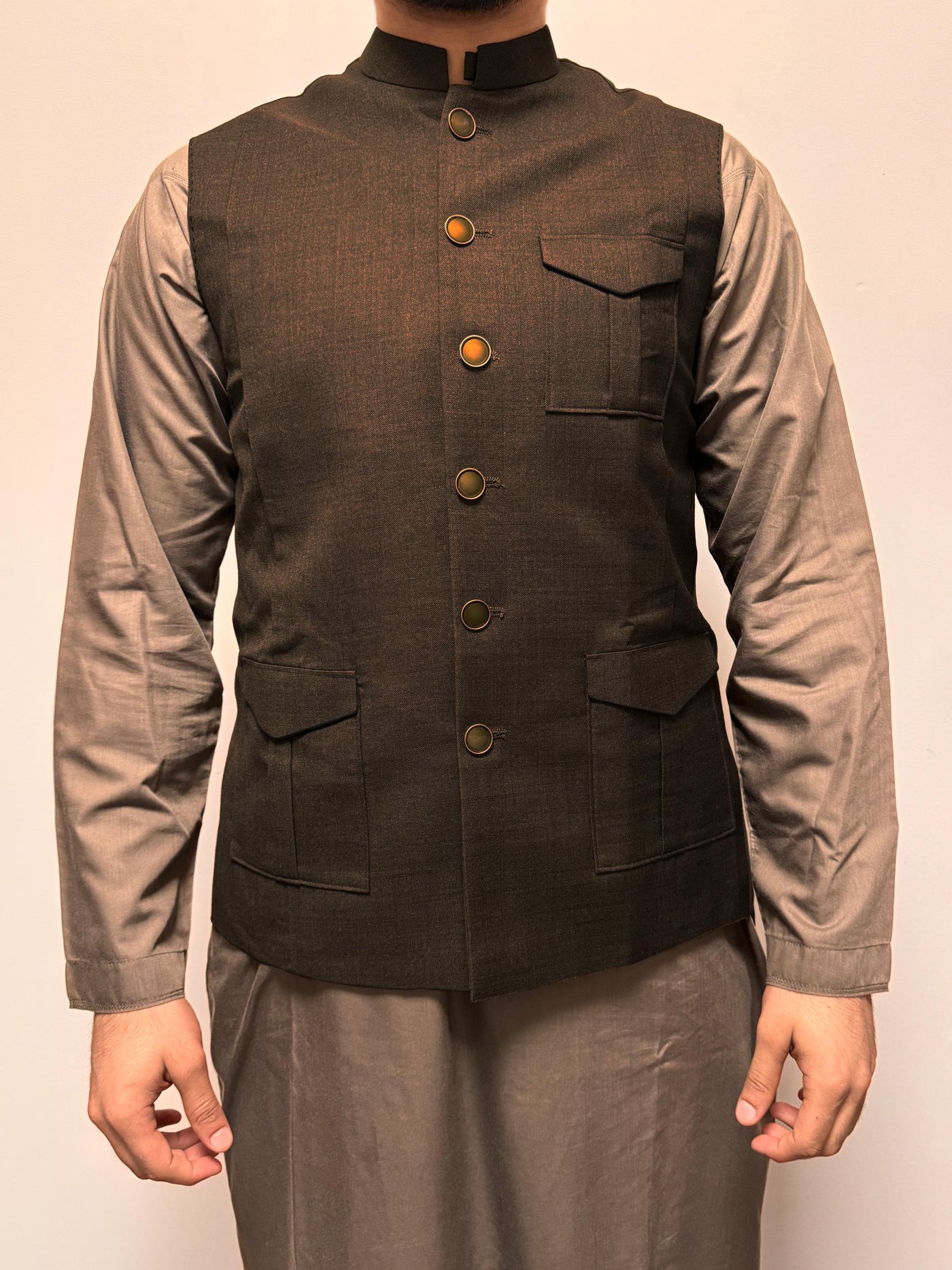 Blended Brown Men Waist Coat  -  J. Junaid Jamshed