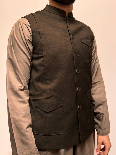 Blended Brown Men Waist Coat  -  J. Junaid Jamshed