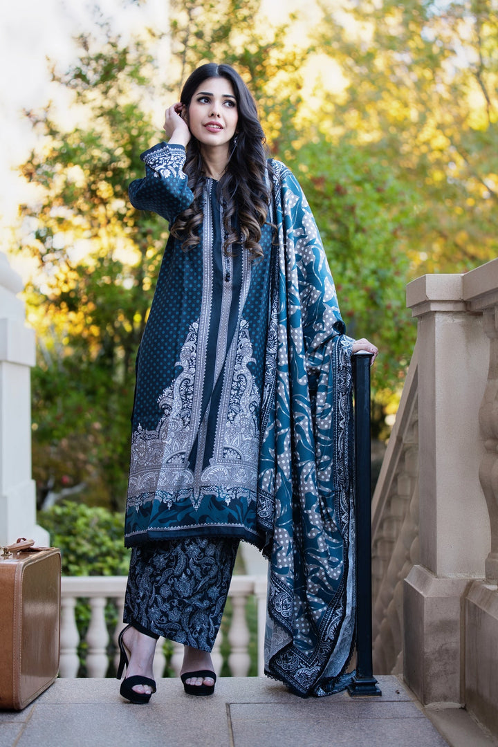 Printed Linen Dark Blue Stitched Suit - Khas