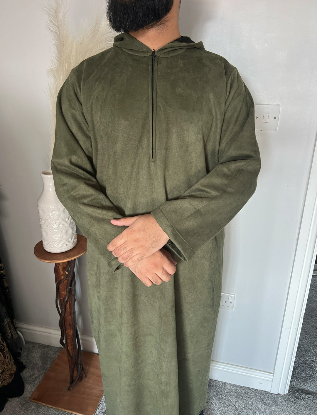 Premium Hooded Suede Thobe Khaki Green - Jiah