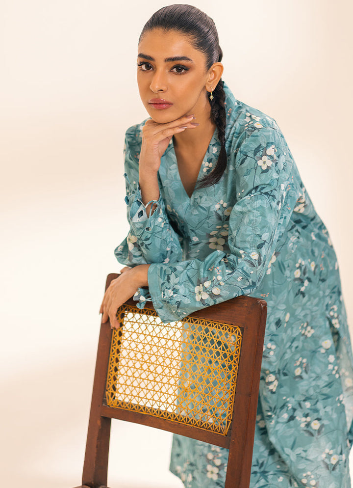 Pure Cotton Teal Stitched Suit - Image