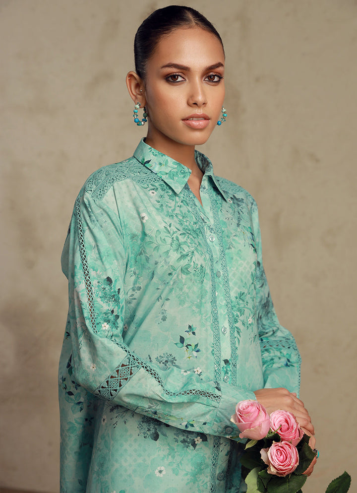 Pure Cotton Teal Stitched Suit - Image