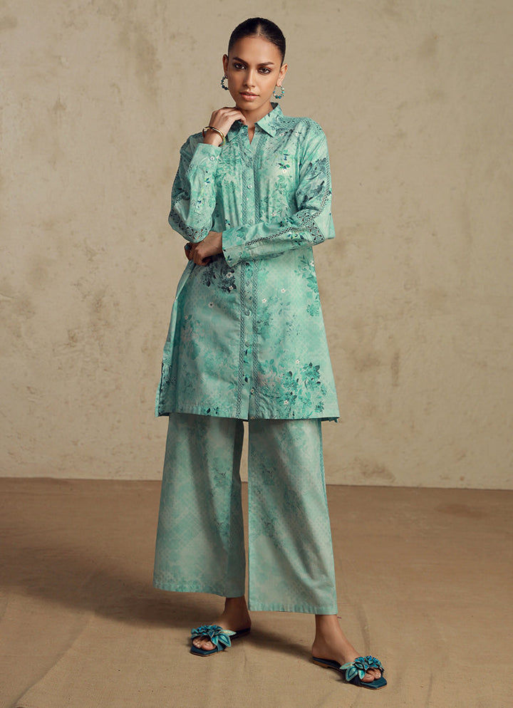 Pure Cotton Teal Stitched Suit - Image
