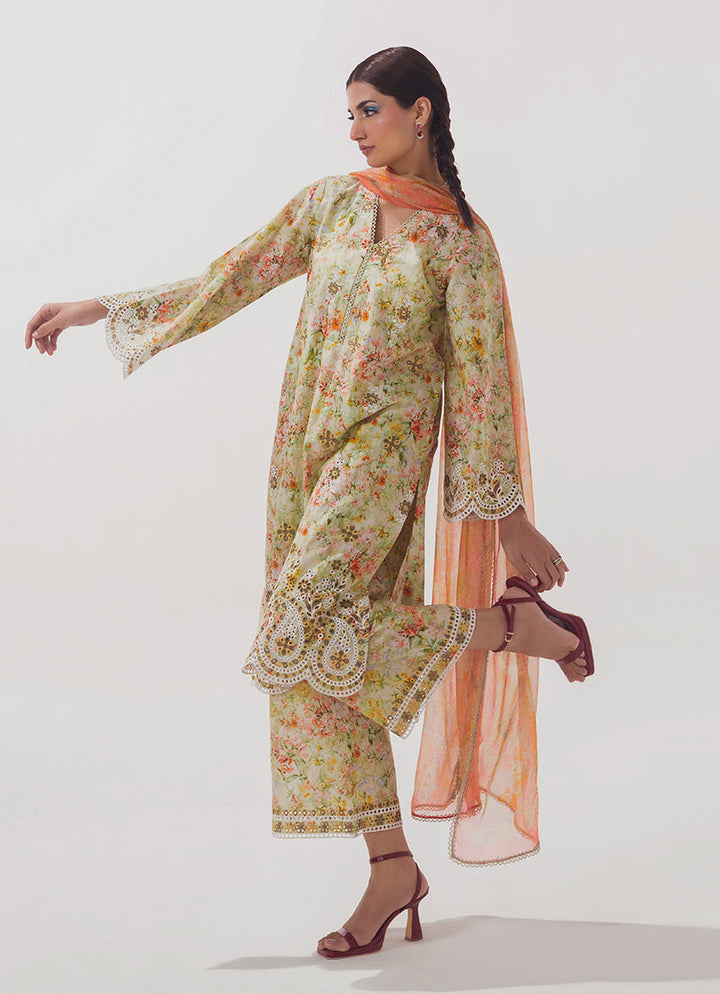 Cotton/Chiffon Light Green Stitched Suit - Image