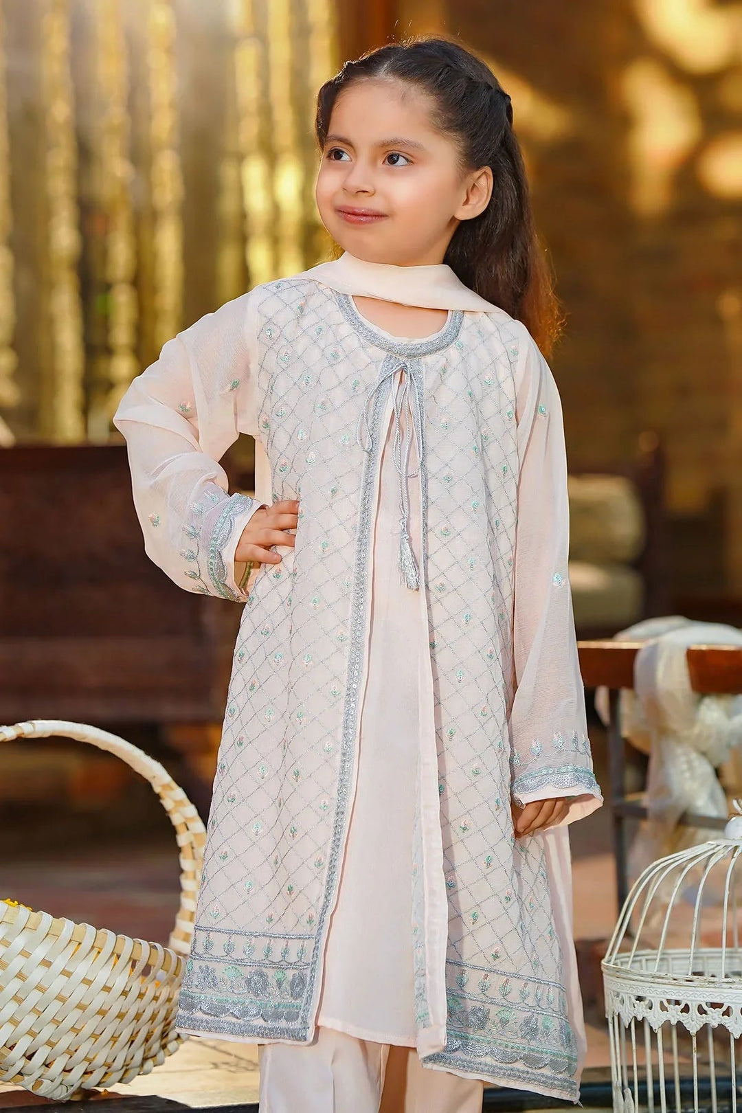 Chiffon Embroidered Peach Stitched Suit - Ochre
