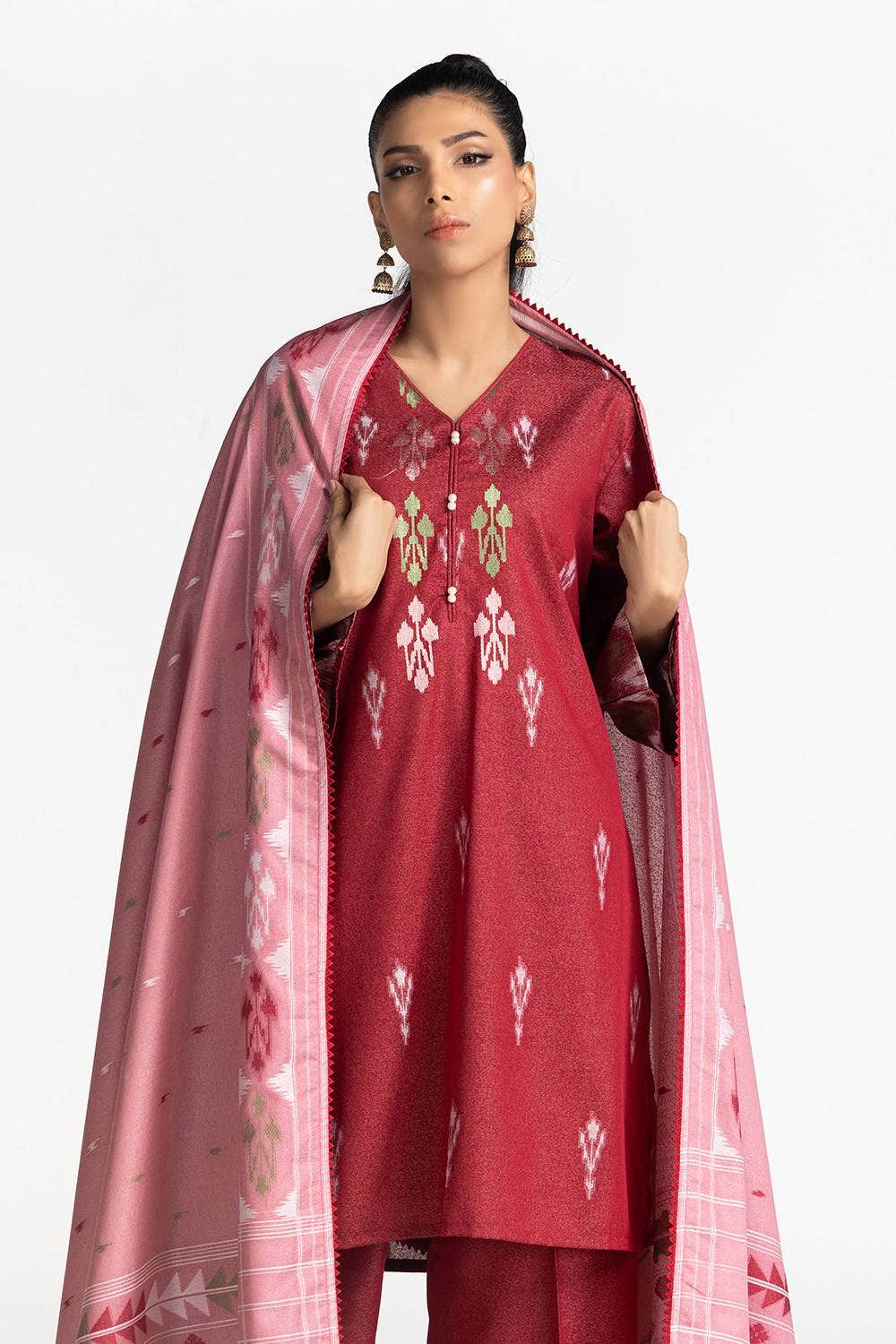 Karandi Red Stitched Suit - Gul Ahmed