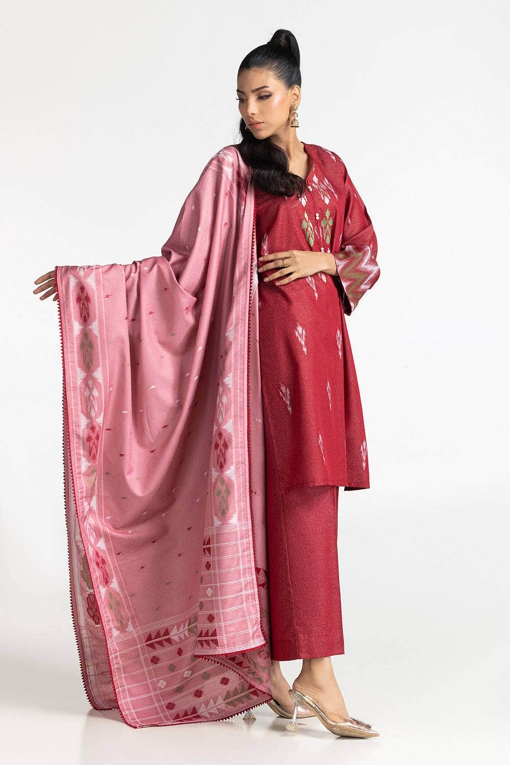 Karandi Red Stitched Suit - Gul Ahmed