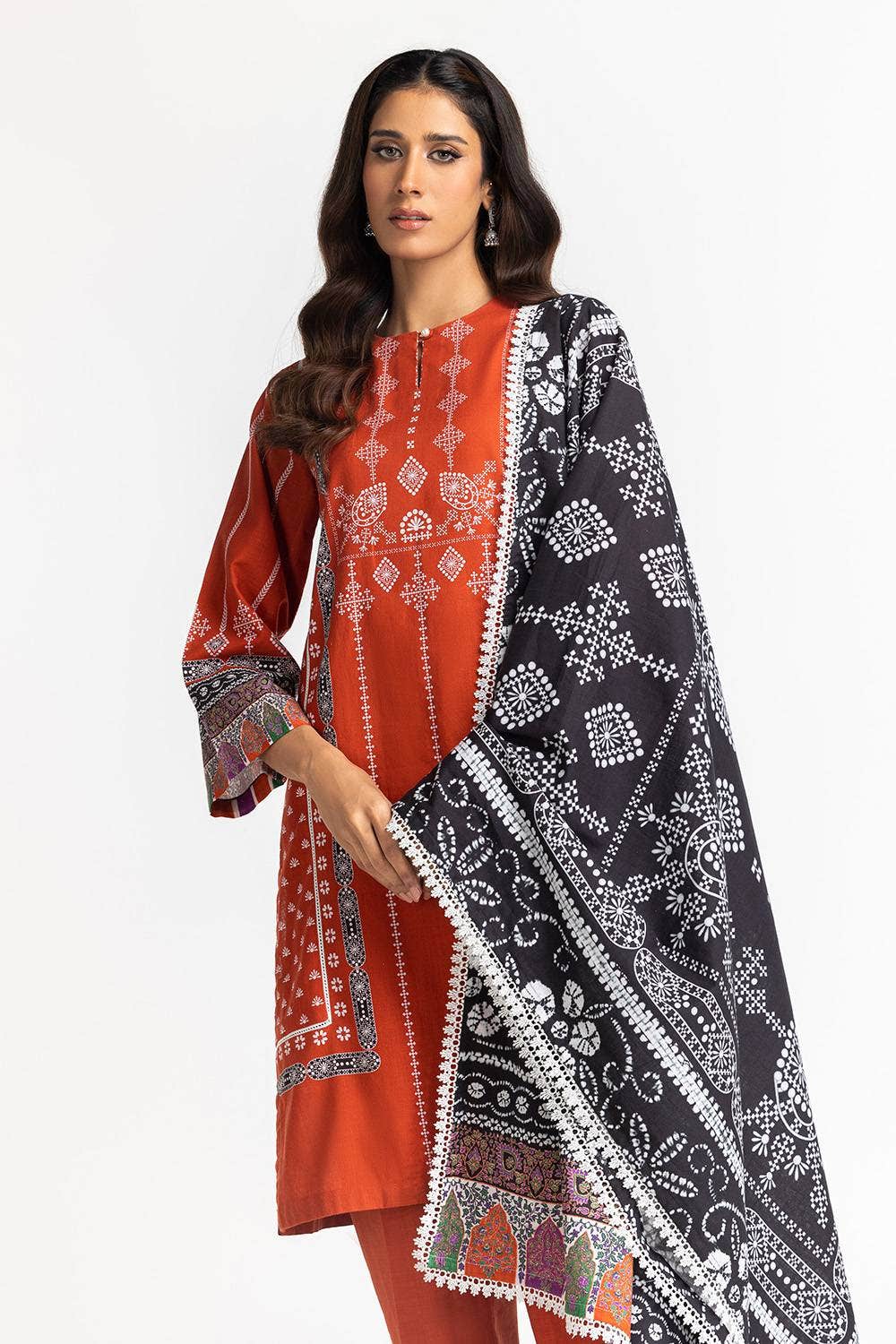 Khaddar Orange Stitched Suit - Gul Ahmed