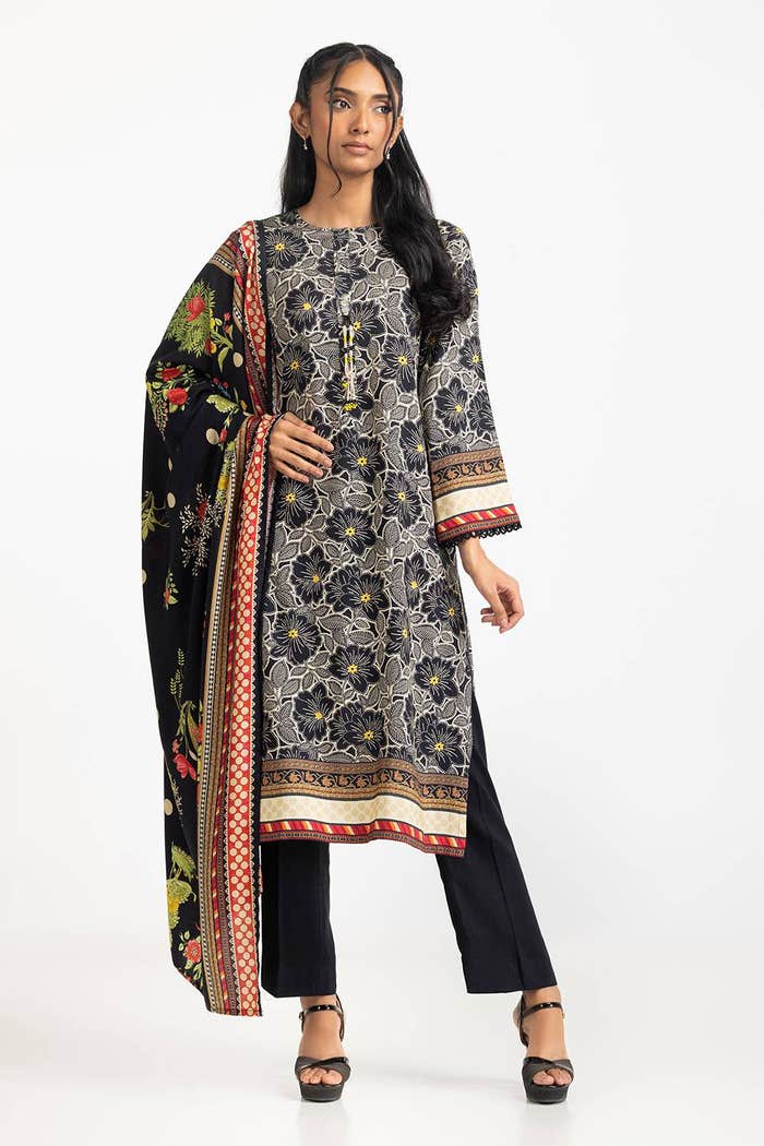 Linen Black Stitched Suit - Gul Ahmed