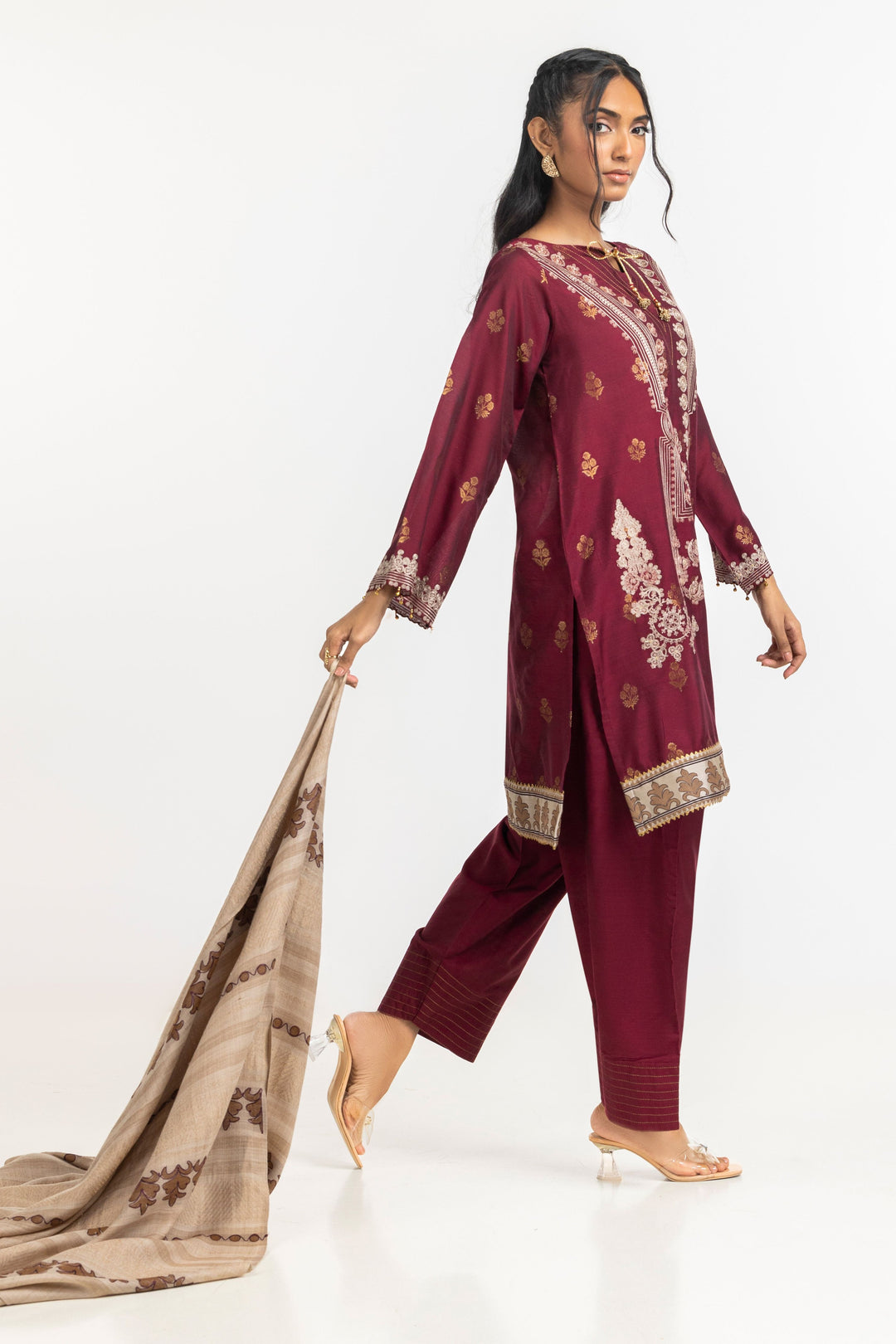 Jacquard Maroon Stitched Suit - Gul Ahmed