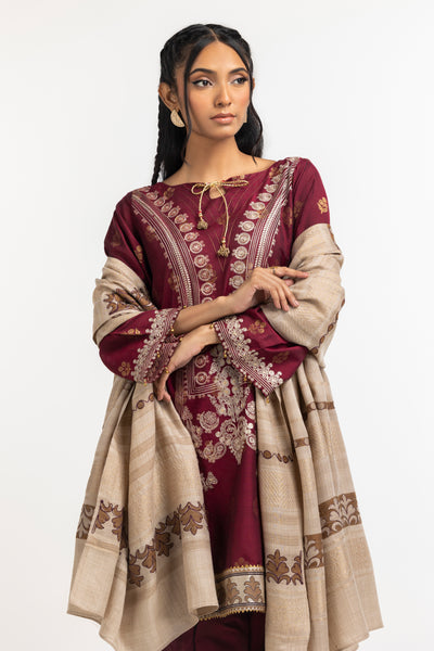 Jacquard Maroon Stitched Suit - Gul Ahmed