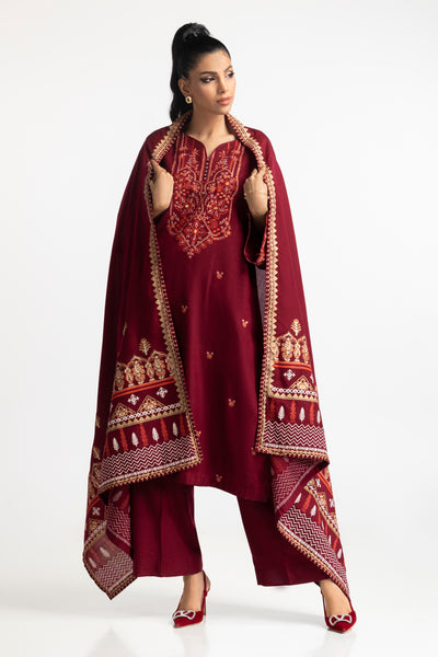 Acrylic Maroon Stitched Suit - Gul Ahmed