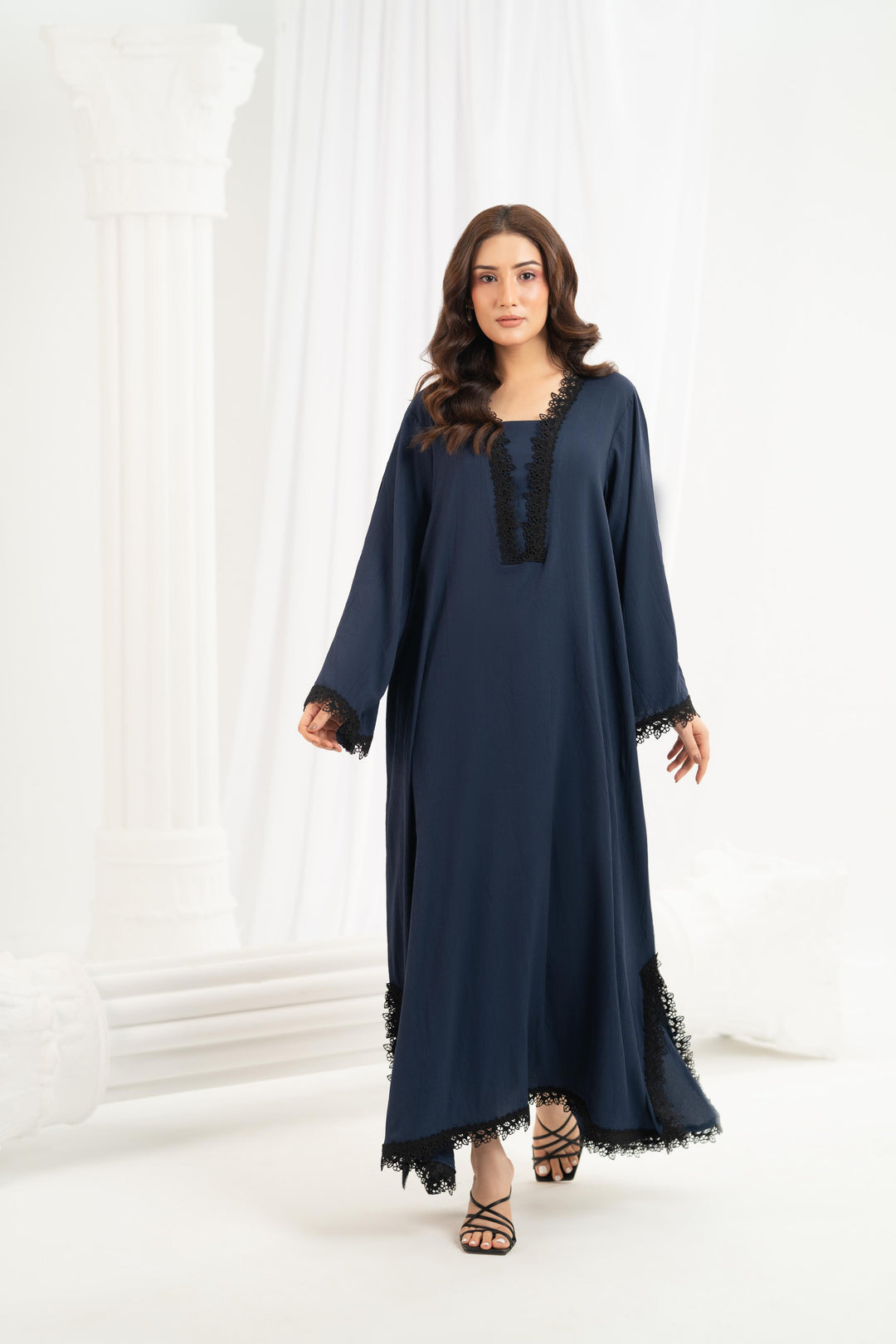 Navy Lace Trim Kaftan