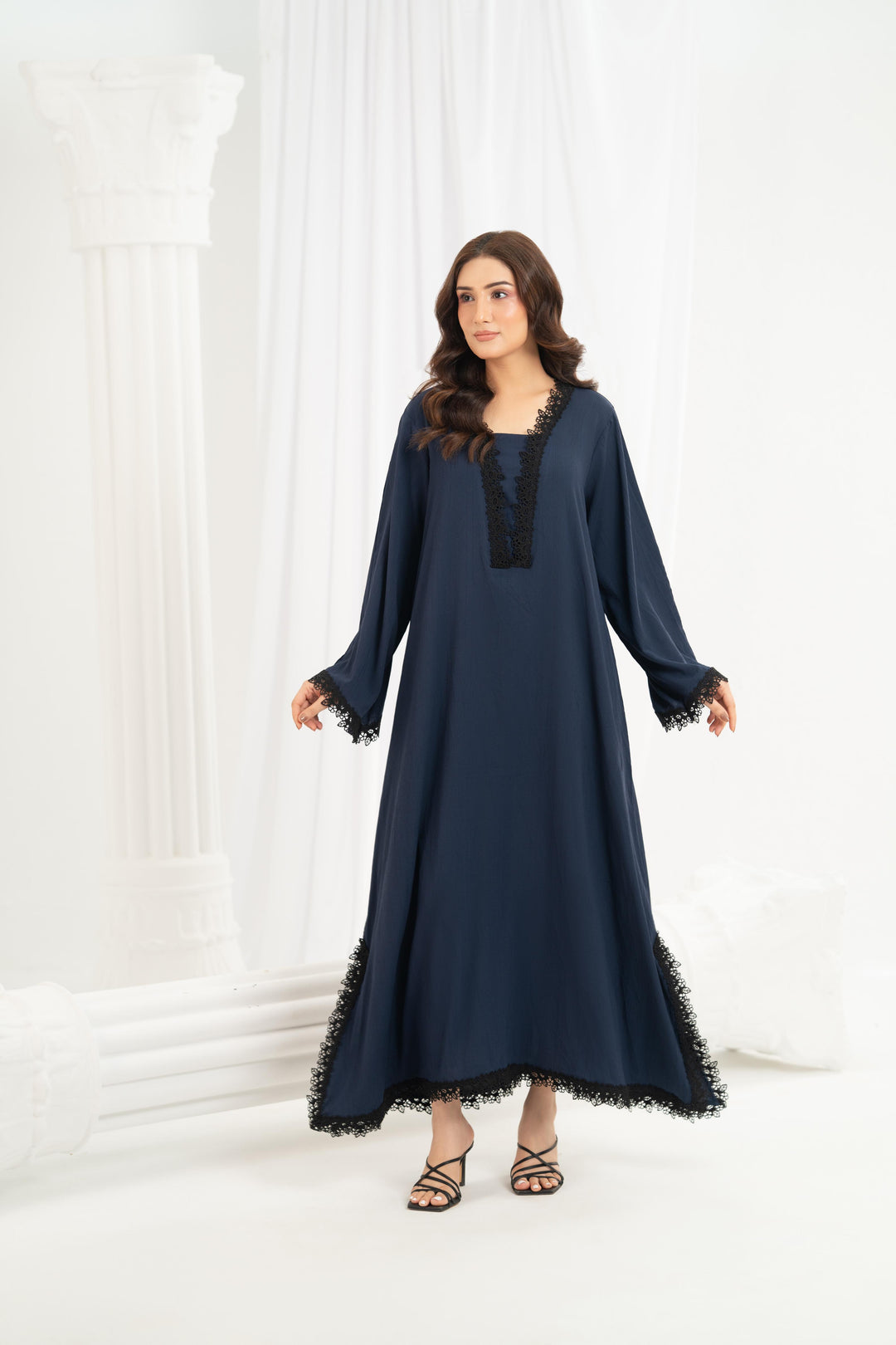 Navy Lace Trim Kaftan