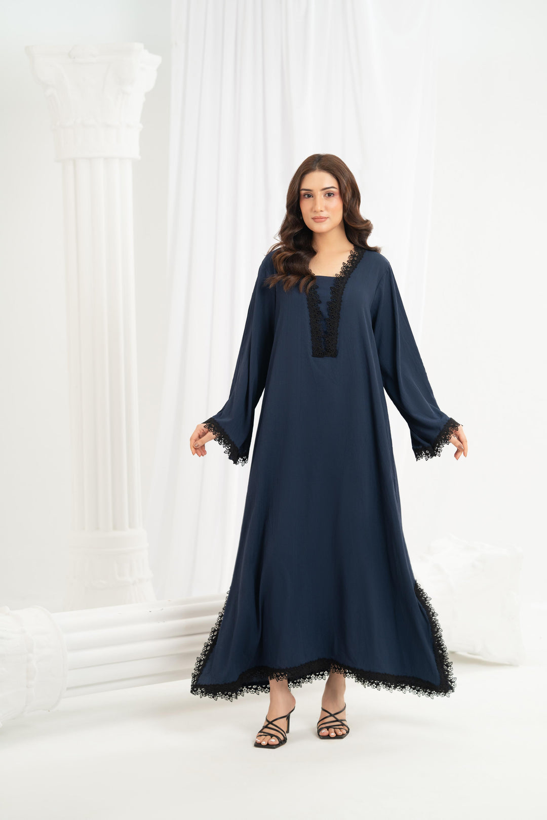 Navy Lace Trim Kaftan