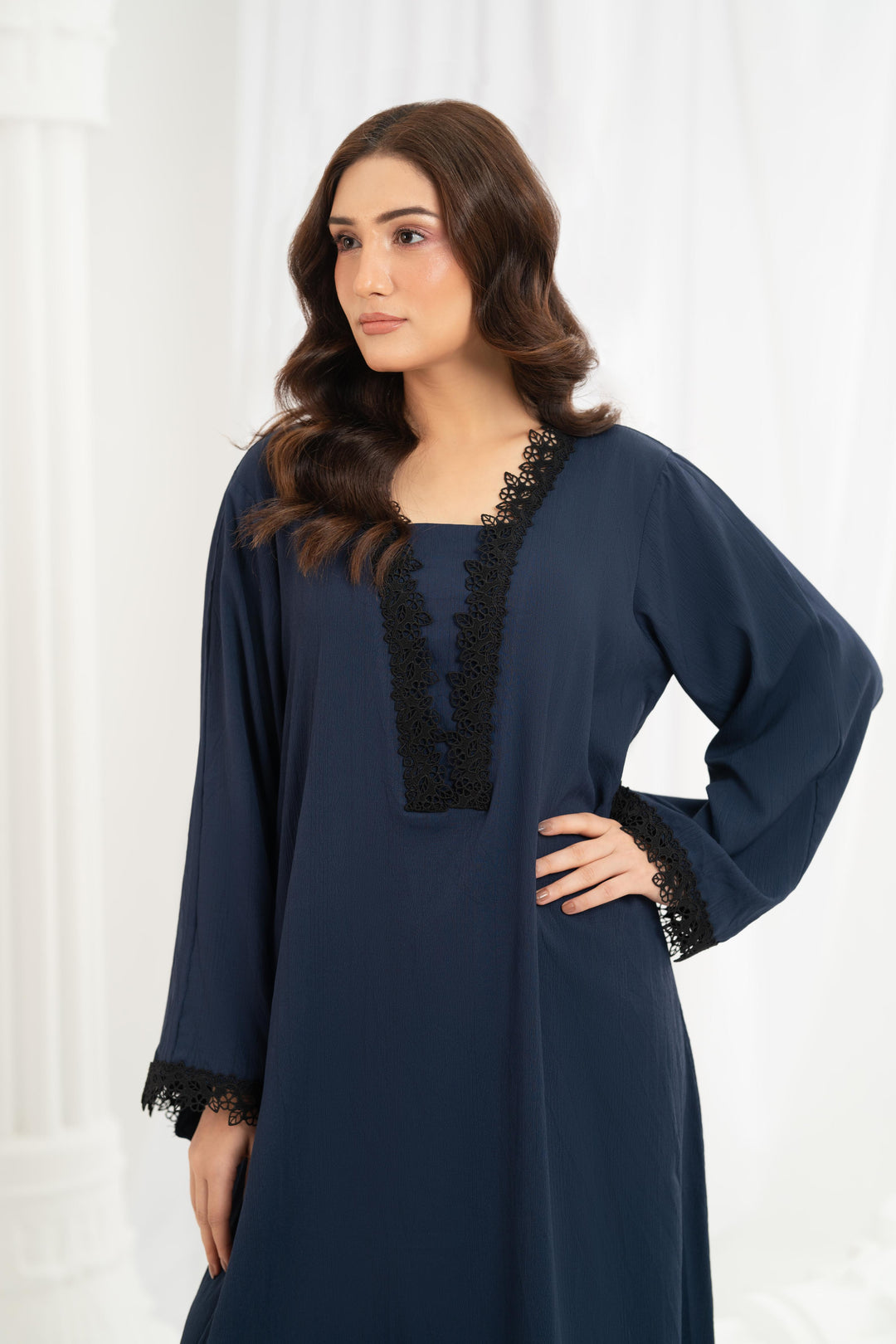 Navy Lace Trim Kaftan