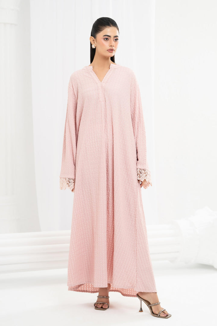 Textured Jersey Lace Cuff Dress – Soft Pink