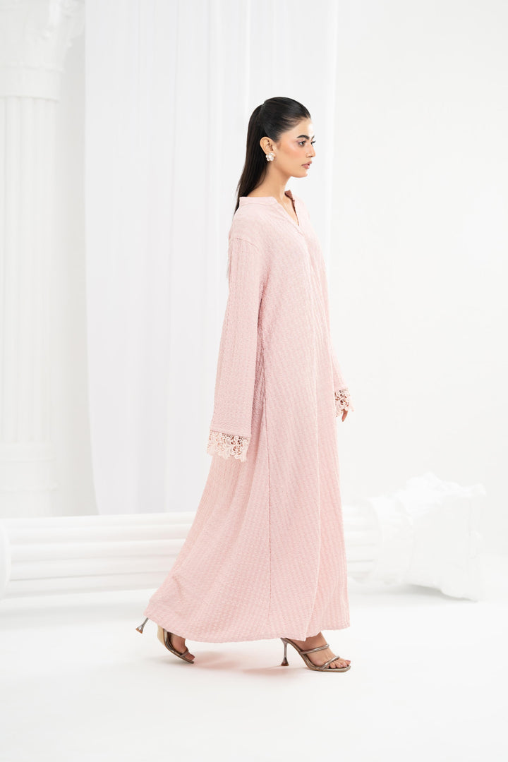 Textured Jersey Lace Cuff Dress – Soft Pink