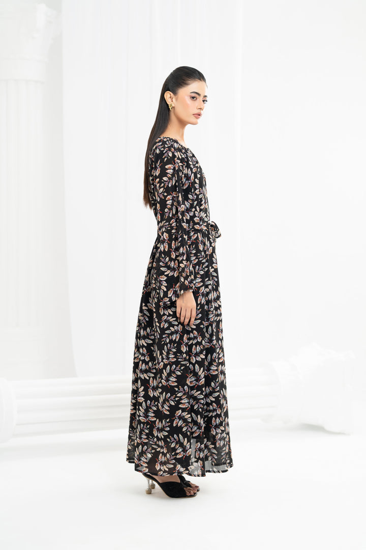 Black Printed Tie Waist Dress