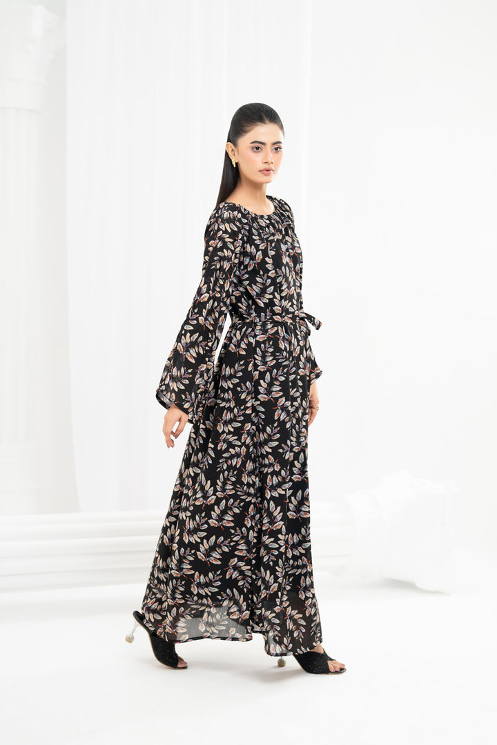 Black Printed Tie Waist Dress