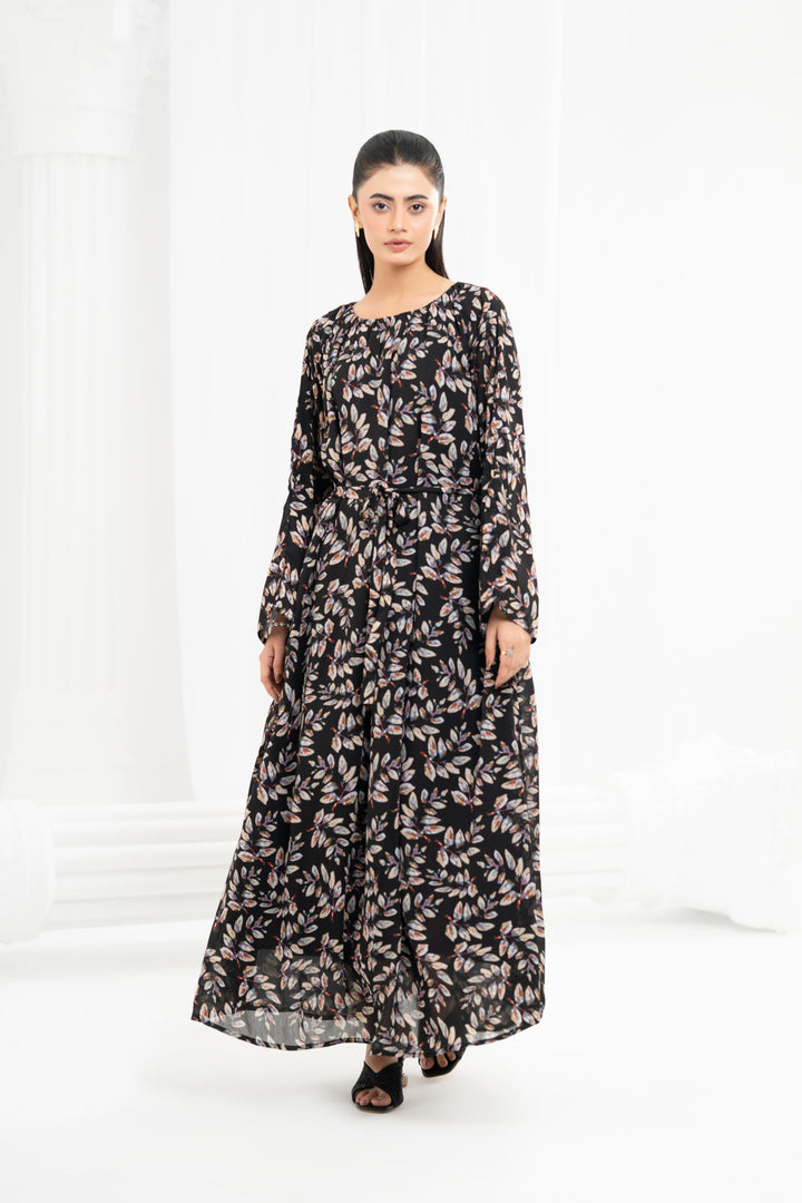 Black Printed Tie Waist Dress