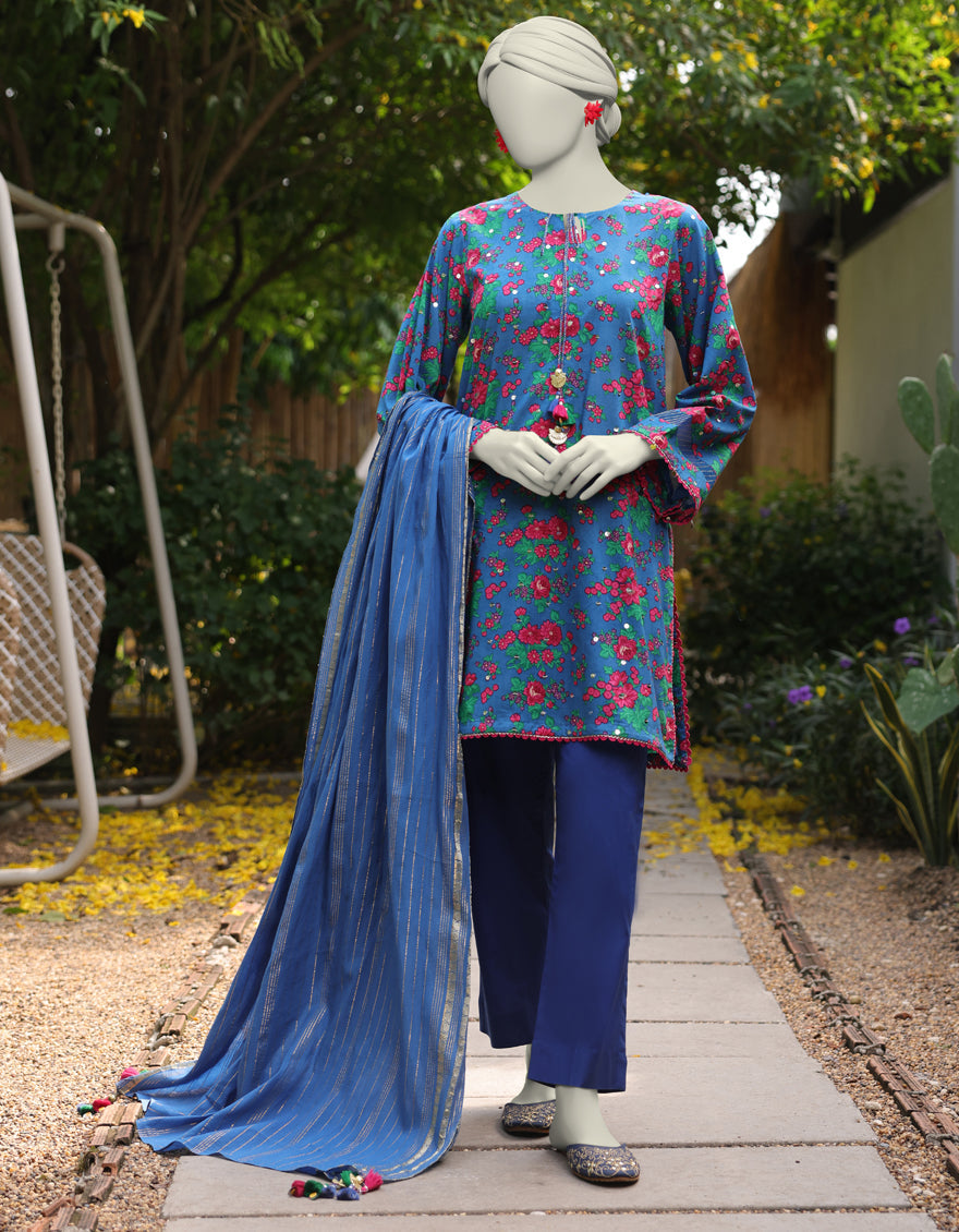 Lawn Blue Unstitched Suit - J. Junaid Jamshed